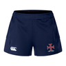 The SF CDME Rugby Women's Advantage Short 2.0 by EMB Canterbury features a navy blue design with a white Canterbury logo on the left leg and a red and white "CDME RUGBY" crest on the right leg. Crafted from recycled content sportswear materials, these sustainable athletic shorts offer enhanced performance and eco-friendly comfort.