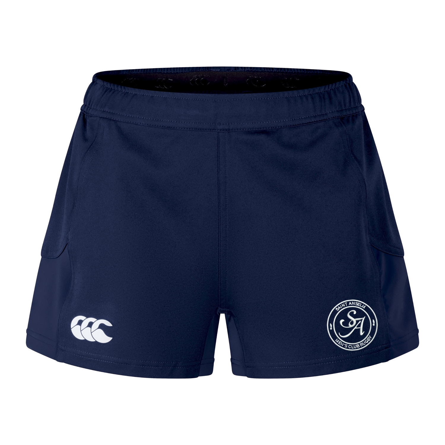 The Saint Anselm College Club Rugby Women's Advantage Short 2.0 by EMB Canterbury features side pockets, a white Canterbury logo on the left, a circular Saint Andrews crest on the right, and is crafted as a sustainable athletic short.