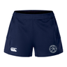 The Saint Anselm College Club Rugby Women's Advantage Short 2.0 by EMB Canterbury features side pockets, a white Canterbury logo on the left, a circular Saint Andrews crest on the right, and is crafted as a sustainable athletic short.