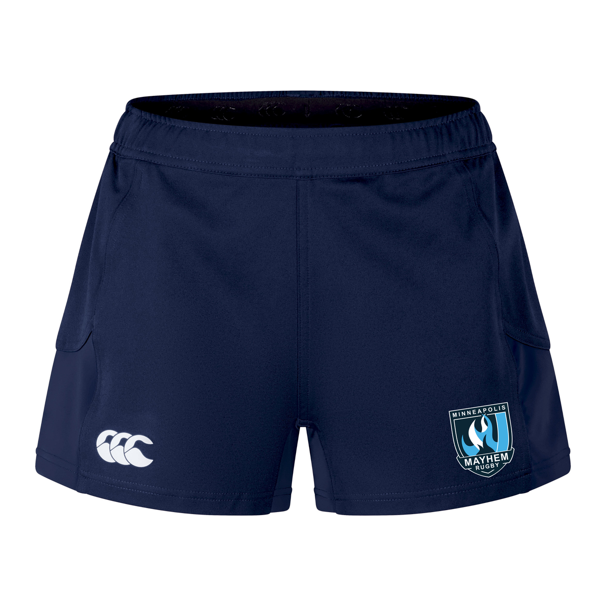 The Minneapolis Mayhem Rugby Women’s Advantage Short 2.0 by Canterbury, from EMB Canterbury, are navy blue athletic shorts designed for women, featuring the “Canterbury” logo on the left leg and the “Minneapolis Mayhem Rugby” emblem on the right. Expertly crafted for both style and performance, these sustainable shorts offer exceptional comfort and durability—making them a top choice for custom sportswear enthusiasts.