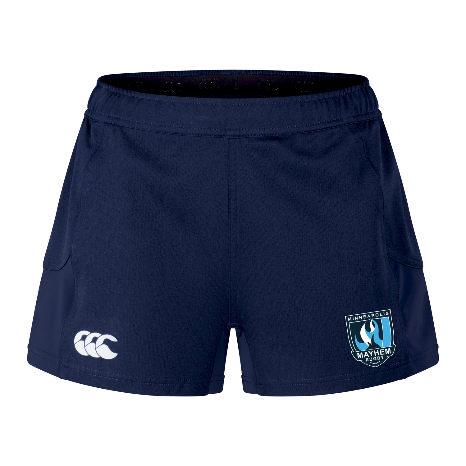 The Minneapolis Mayhem Rugby Women’s Advantage Short 2.0 by Canterbury, from EMB Canterbury, are navy blue athletic shorts designed for women, featuring the “Canterbury” logo on the left leg and the “Minneapolis Mayhem Rugby” emblem on the right. Expertly crafted for both style and performance, these sustainable shorts offer exceptional comfort and durability—making them a top choice for custom sportswear enthusiasts.