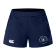 The New Saint Andrews College Women’s Advantage Short 2.0 by EMB Canterbury features navy blue performance fabric, the Canterbury logo on the left leg, and the New Saint Andrews RFC crest on the right leg, offering both comfort and style for every workout.