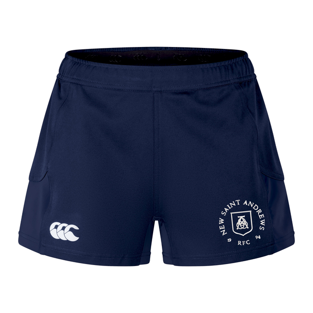 The New Saint Andrews College Women’s Advantage Short 2.0 by EMB Canterbury features navy blue performance fabric, the Canterbury logo on the left leg, and the New Saint Andrews RFC crest on the right leg, offering both comfort and style for every workout.