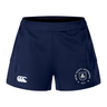 The New Saint Andrews College Women’s Advantage Short 2.0 by EMB Canterbury features navy blue performance fabric, the Canterbury logo on the left leg, and the New Saint Andrews RFC crest on the right leg, offering both comfort and style for every workout.