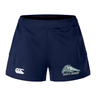 Navy blue sustainable University of New Hampshire Women’s Advantage Short 2.0 by Canterbury athletic shorts with a white logo on the right leg and a university mascot graphic with “Men’s Rugby” text.