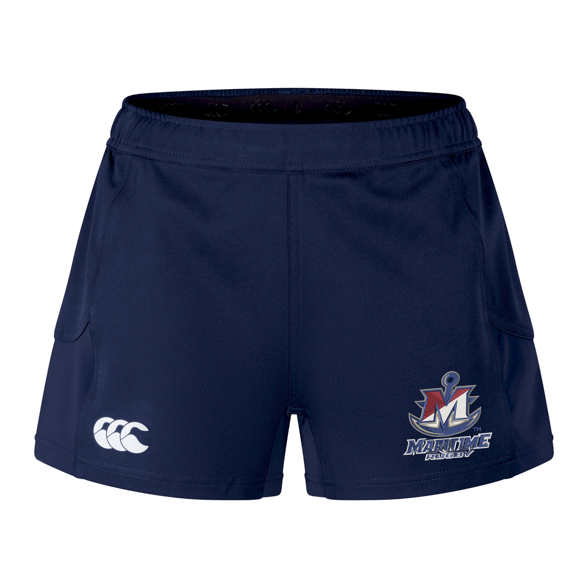 Navy SUNY Maritime Men’s Rugby Women’s Advantage Short 2.0 by Canterbury featuring a white logo on the left leg and a Maritime Rugby emblem on the right leg.