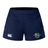 The Kingwood Rugby Women's Advantage Short 2.0 by EMB Canterbury features a navy design, white Canterbury logo on the left leg, and a green/yellow/blue school crest on the right—ideal recycled shorts for training.