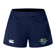 The Kingwood Rugby Women's Advantage Short 2.0 by EMB Canterbury features a navy design, white Canterbury logo on the left leg, and a green/yellow/blue school crest on the right—ideal recycled shorts for training.