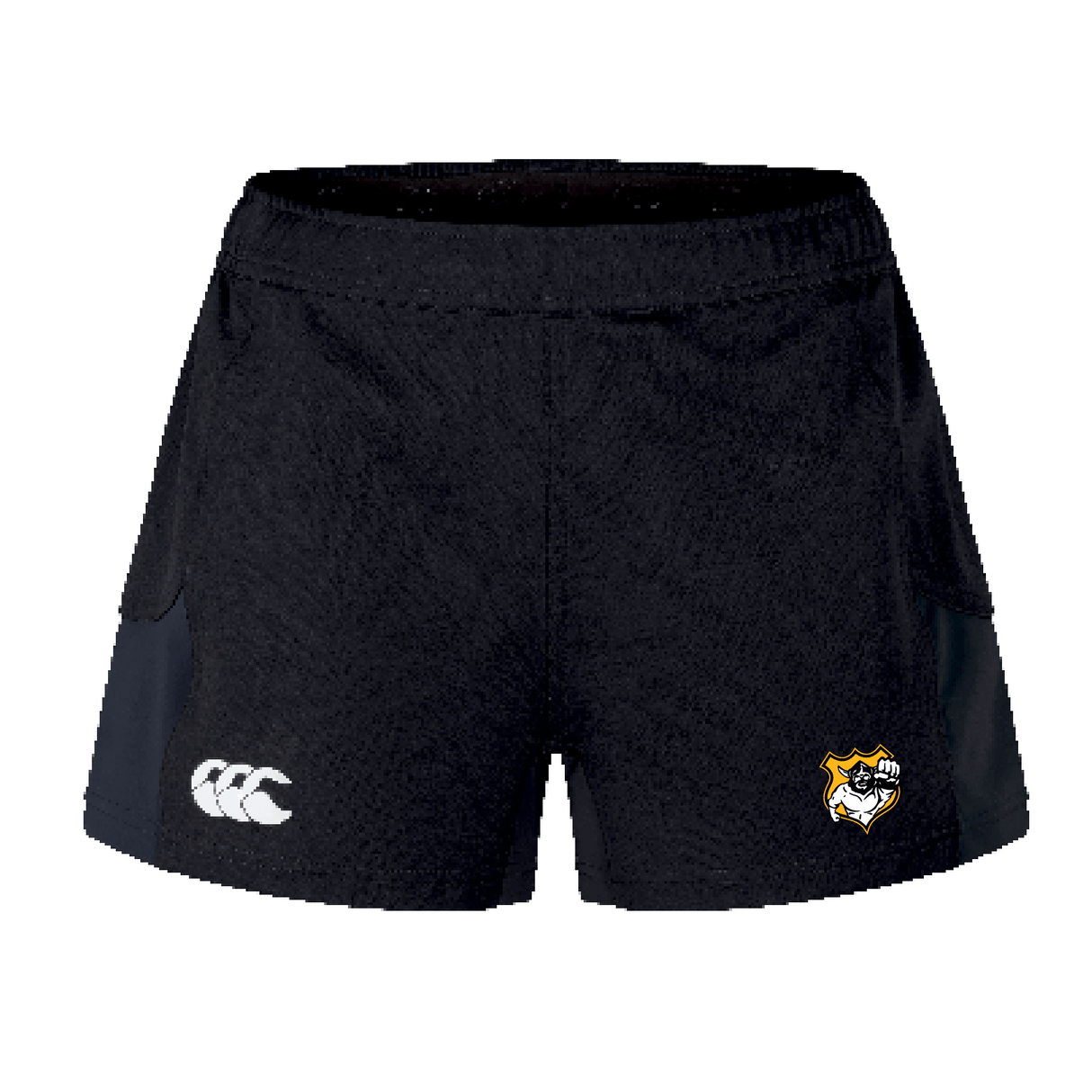 Seattle Vikings Rugby Women's Advantage Short 2.0 by EMB Canterbury, crafted with recycled content, features a white logo on the left and a yellow animal emblem on the right in black.