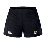 Seattle Vikings Rugby Women's Advantage Short 2.0 by EMB Canterbury, crafted with recycled content, features a white logo on the left and a yellow animal emblem on the right in black.