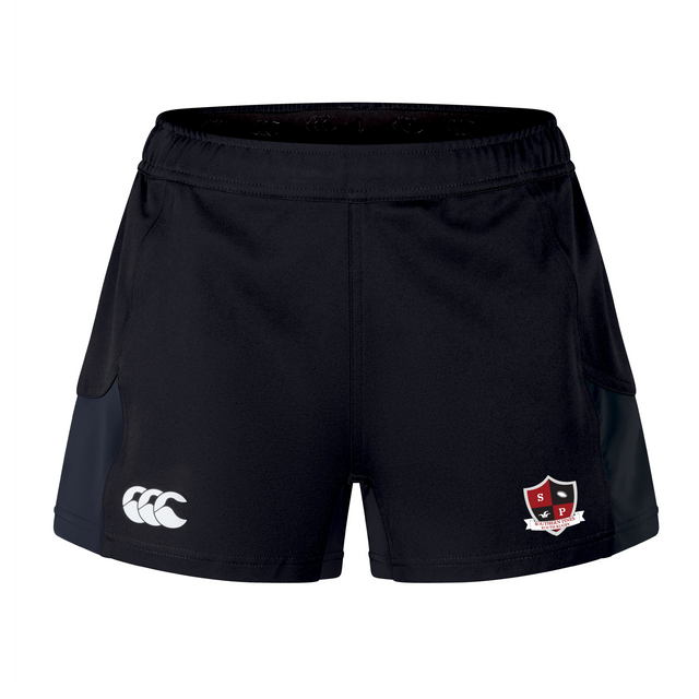 Introducing the Southern Pines Youth Rugby Women's Advantage Short 2.0 by EMB Canterbury: Black sports shorts featuring a white logo and shield emblem. Crafted with recycled materials for performance and sustainability, they are perfect for an active lifestyle.