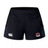 Introducing the Southern Pines Youth Rugby Women's Advantage Short 2.0 by EMB Canterbury: black shorts with a white logo and shield emblem, crafted from recycled materials for sustainable performance in your active lifestyle.