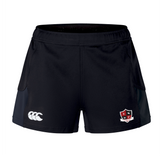 Introducing the Southern Pines Youth Rugby Women's Advantage Short 2.0 by EMB Canterbury: black shorts with a white logo and shield emblem, crafted from recycled materials for sustainable performance in your active lifestyle.