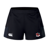 Introducing the Southern Pines Youth Rugby Women's Advantage Short 2.0 by EMB Canterbury: black shorts with a white logo and shield emblem, crafted from recycled materials for sustainable performance in your active lifestyle.
