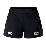 A pair of Western Michigan University Men's Rugby Women's Advantage Short 2.0 by Canterbury in black, featuring a white CCC logo on the left leg and a rugby emblem on the right leg, crafted with performance and sustainability in mind using recycled content.