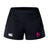 The SUNY Maritime Women's Advantage Short 2.0 by EMB Canterbury offers black sports shorts made with recycled materials, featuring a white logo on the left side and a pink skull logo on the right, blending performance with sustainability in every stitch.