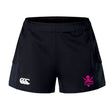 The SUNY Maritime Women's Advantage Short 2.0 by EMB Canterbury offers black sports shorts made with recycled materials, featuring a white logo on the left side and a pink skull logo on the right, blending performance with sustainability in every stitch.