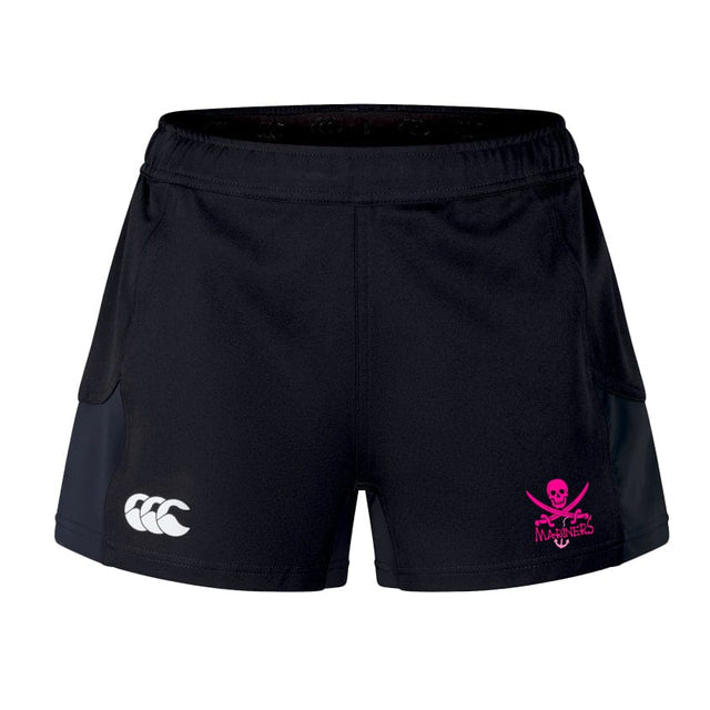 The SUNY Maritime Women's Advantage Short 2.0 by EMB Canterbury offers black sports shorts made with recycled materials, featuring a white logo on the left side and a pink skull logo on the right, blending performance with sustainability in every stitch.