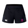 The SUNY Maritime Women's Advantage Short 2.0 by EMB Canterbury offers black sports shorts made with recycled materials, featuring a white logo on the left side and a pink skull logo on the right, blending performance with sustainability in every stitch.