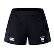 Introducing the De La Salle Advantage Short 2.0 by EMB Canterbury: black rugby shorts accented with a white logo on the left thigh and the Canterbury logo on the right. Crafted with recycled materials for top-tier performance, these shorts merge sustainability with premium athletic wear.