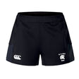 The De La Salle Women's Advantage Short 2.0 by Canterbury features a stylish black design with Canterbury and "De La Salle Rugby" logos on the front, combining performance and sustainability with its recycled content.