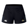 The Chicago Riot Women's Advantage Short 2.0 by EMB Canterbury features a white Canterbury logo on the left leg, a Schenectady Rugby crest on the right, and is crafted for sustainable performance and comfort.