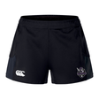 The Cypress Warriors Men's Rugby Women's Advantage Short 2.0 by EMB Canterbury are black training shorts with side panels, made from recycled materials, and feature a white Canterbury logo on the left leg and a purple team shield on the right.