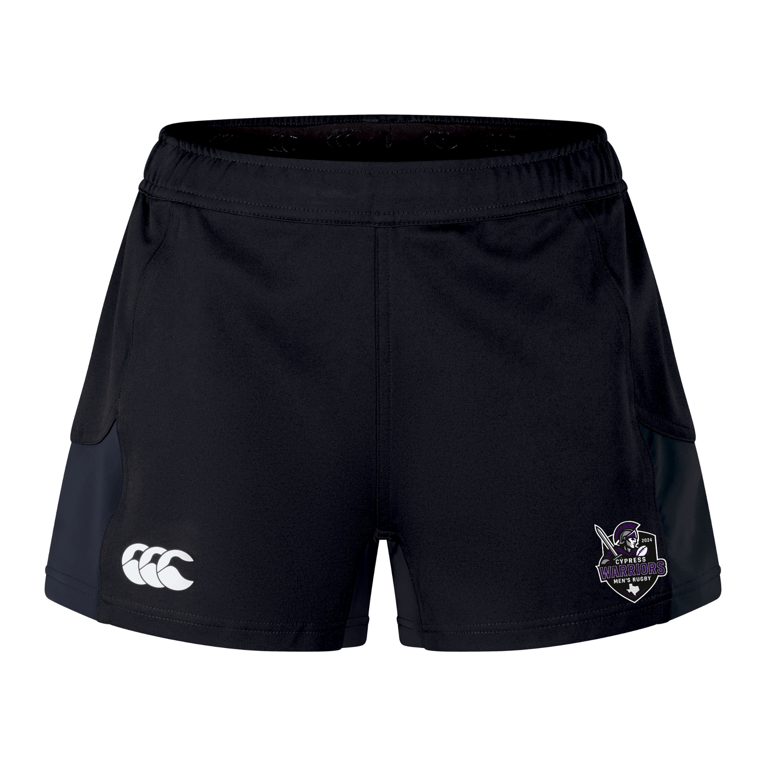 The Cypress Warriors Men's Rugby Women's Advantage Short 2.0 by EMB Canterbury are black training shorts with side panels, made from recycled materials, and feature a white Canterbury logo on the left leg and a purple team shield on the right.