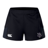 The Cypress Warriors Men's Rugby Women's Advantage Short 2.0 by EMB Canterbury are black training shorts with side panels, made from recycled materials, and feature a white Canterbury logo on the left leg and a purple team shield on the right.