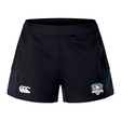The SWFL Lady Hammerheads Women's Advantage Short 2.0 by WRS Canterbury are recycled black training shorts, with the Canterbury logo on the left leg and Port Macquarie Hammerheads rugby club logo on the right, designed for comfort and performance.