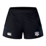 The SWFL Lady Hammerheads Women's Advantage Short 2.0 by WRS Canterbury are recycled black training shorts, with the Canterbury logo on the left leg and Port Macquarie Hammerheads rugby club logo on the right, designed for comfort and performance.