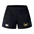 Mother Lode Women’s Advantage Short 2.0 by Canterbury in black, featuring a white logo on the left leg and a yellow crossed pickaxe and rugby ball emblem on the right leg.