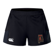 Black Aging Alabama Rugby Players Women’s Advantage Short 2.0 by Canterbury with a white logo on the right leg and an Alabama state shape patch featuring a devil mascot and the text “HARD” on the left leg.