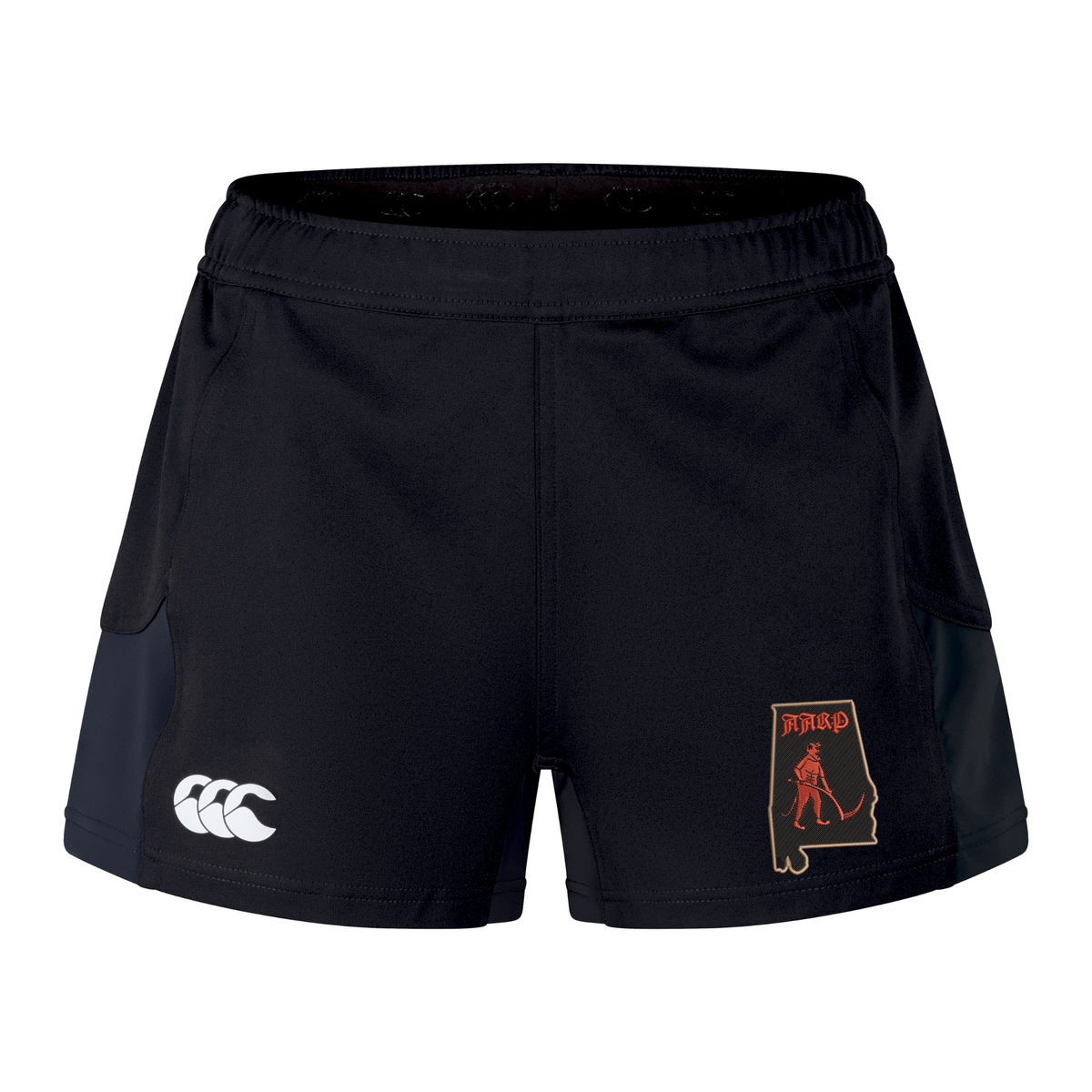 Black Aging Alabama Rugby Players Women’s Advantage Short 2.0 by Canterbury with a white logo on the right leg and an Alabama state shape patch featuring a devil mascot and the text “HARD” on the left leg.