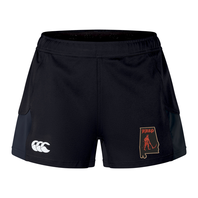 Black Aging Alabama Rugby Players Women’s Advantage Short 2.0 by Canterbury with a white logo on the right leg and an Alabama state shape patch featuring a devil mascot and the text “HARD” on the left leg.