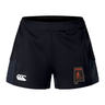 Black Aging Alabama Rugby Players Women’s Advantage Short 2.0 by Canterbury with a white logo on the right leg and an Alabama state shape patch featuring a devil mascot and the text “HARD” on the left leg.