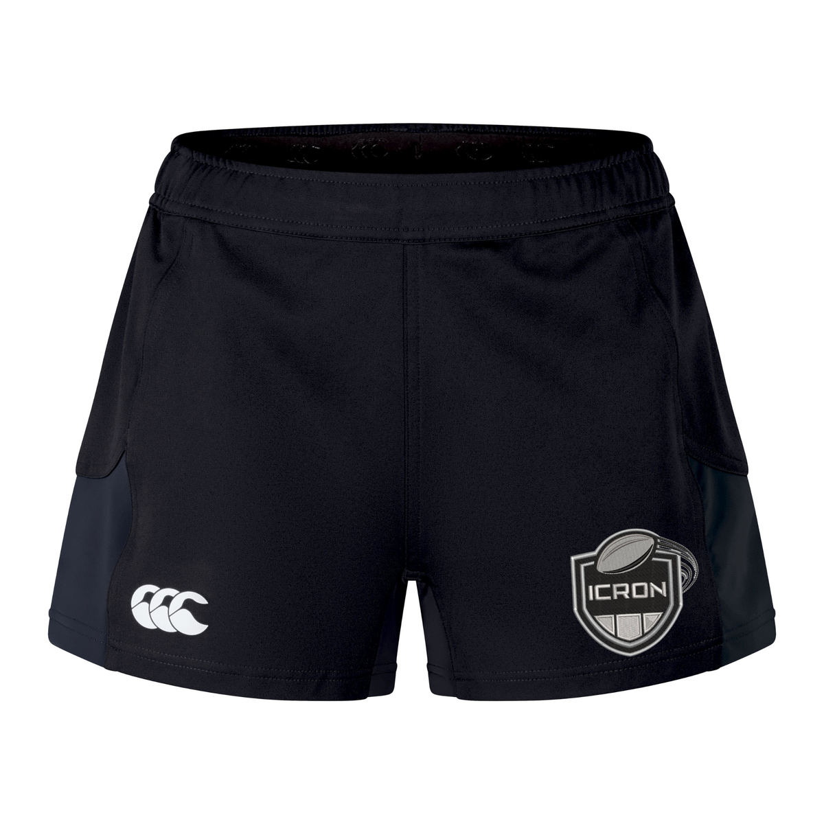 Black ICRON Women’s Advantage Short 2.0 by Canterbury performance training shorts featuring a brand logo on the left leg and an ICRON shield emblem on the right leg.