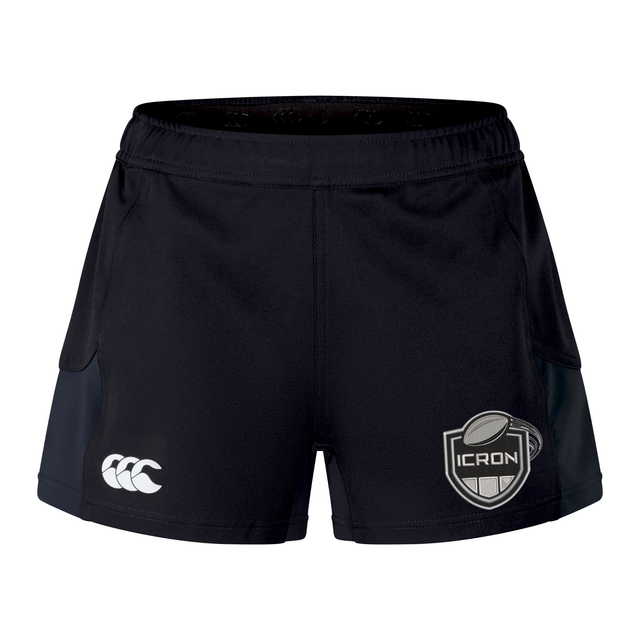 Black ICRON Women’s Advantage Short 2.0 by Canterbury performance training shorts featuring a brand logo on the left leg and an ICRON shield emblem on the right leg.