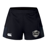 Black ICRON Women’s Advantage Short 2.0 by Canterbury performance training shorts featuring a brand logo on the left leg and an ICRON shield emblem on the right leg.