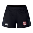 Black Legion Academy Women’s Advantage Short 2.0 athletic shorts featuring a white logo on the left leg and a red and white “Legion SD Academy” shield patch on the right leg.