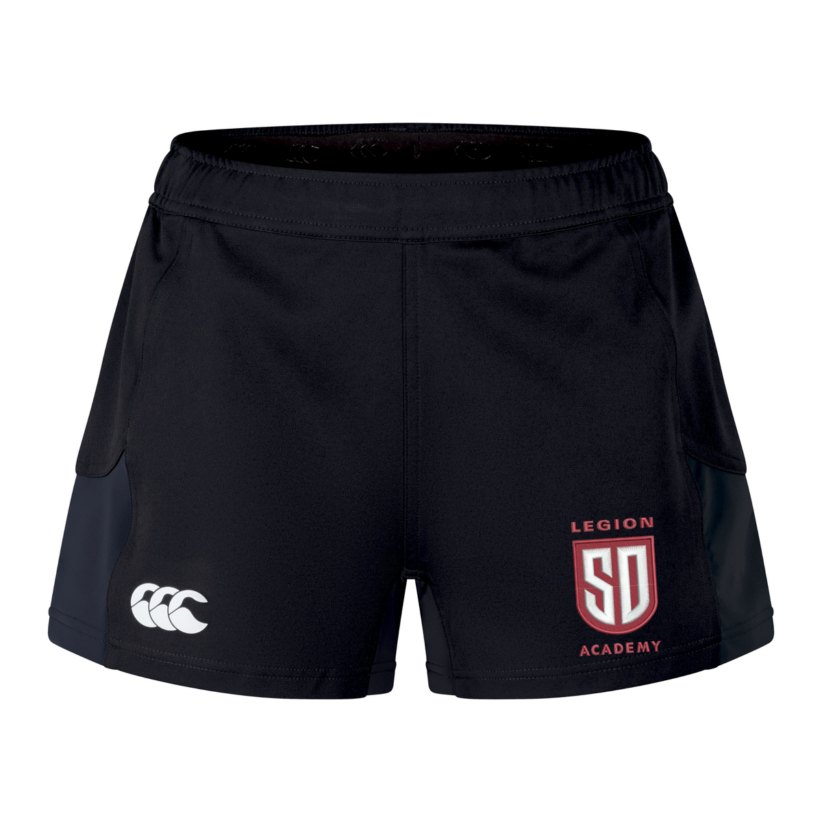 Black Legion Academy Women’s Advantage Short 2.0 athletic shorts featuring a white logo on the left leg and a red and white “Legion SD Academy” shield patch on the right leg.