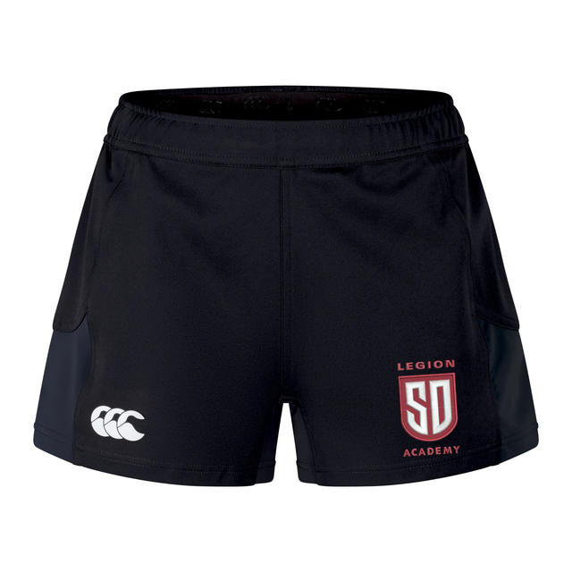 Black Legion Academy Women’s Advantage Short 2.0 athletic shorts featuring a white logo on the left leg and a red and white “Legion SD Academy” shield patch on the right leg.