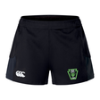 Rock Rugby Women’s Advantage Short 2.0 by Canterbury athletic shorts featuring a white logo on the right leg and a green and black shield-shaped “Rock Rugby Lions” emblem on the left leg.