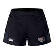 The East Stroudsburg University Women's Advantage Short 2.0 by EMB Canterbury features dark side panels, a white Canterbury logo on the left leg, "ESU Rugby" on the right, and is made with recycled materials for eco-friendly comfort.