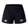 The East Stroudsburg University Women's Advantage Short 2.0 by EMB Canterbury features dark side panels, a white Canterbury logo on the left leg, "ESU Rugby" on the right, and is made with recycled materials for eco-friendly comfort.