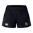 The Birmingham Iron Women's Football Women's Advantage Short 2.0 by EMB Canterbury features black sustainable fabric, a white Canterbury logo on the left leg, and a red, grey, and white Iron Knights crest on the right—ideal sportswear for active days.
