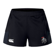 The Birmingham Iron Women's Football Women's Advantage Short 2.0 by EMB Canterbury features black sustainable fabric, a white Canterbury logo on the left leg, and a red, grey, and white Iron Knights crest on the right—ideal sportswear for active days.