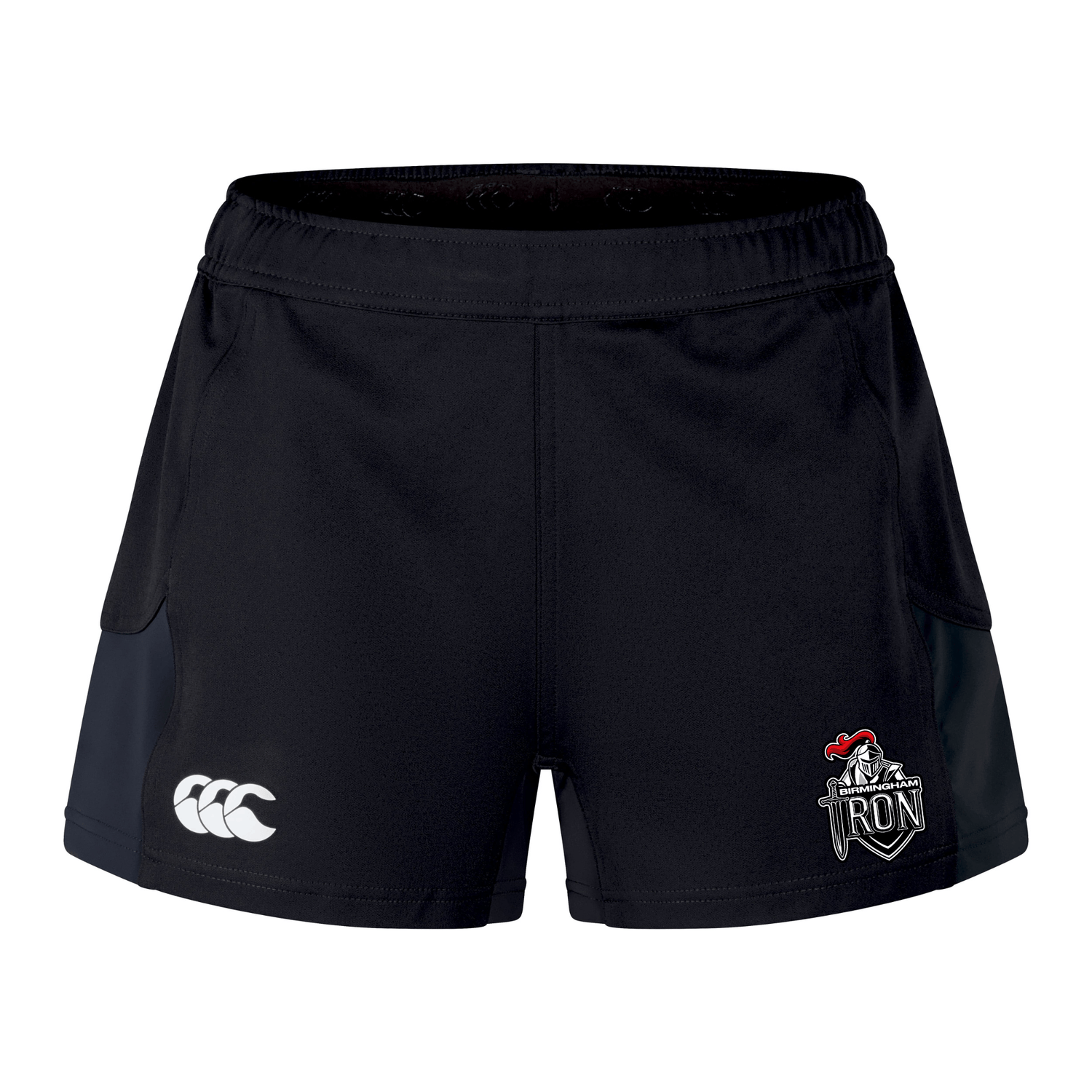 The Birmingham Iron Women's Football Women's Advantage Short 2.0 by EMB Canterbury features black sustainable fabric, a white Canterbury logo on the left leg, and a red, grey, and white Iron Knights crest on the right—ideal sportswear for active days.