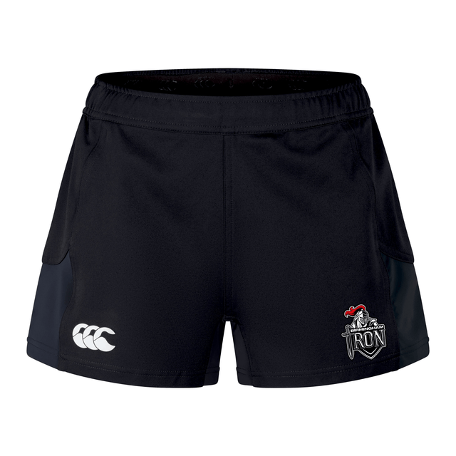 The Birmingham Iron Women's Football Women's Advantage Short 2.0 by EMB Canterbury features black sustainable fabric, a white Canterbury logo on the left leg, and a red, grey, and white Iron Knights crest on the right—ideal sportswear for active days.