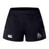 The Birmingham Iron Women's Football Women's Advantage Short 2.0 by EMB Canterbury features black sustainable fabric, a white Canterbury logo on the left leg, and a red, grey, and white Iron Knights crest on the right—ideal sportswear for active days.